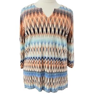 Chico's Blue Orange Abstract Boho Southwest Long Side Slit 100% Linen Tunic